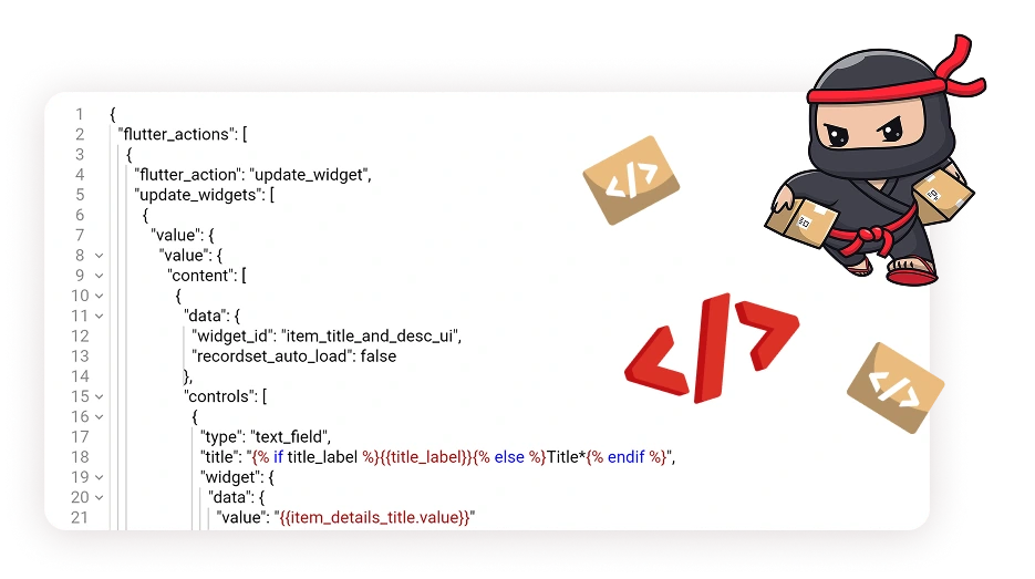 Code editor showing Jinja app source code with ninja character